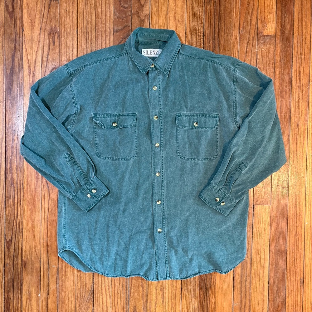 Vintage Silenzio Blue Green Long-Sleeve Button-Down Shirt - Size Large